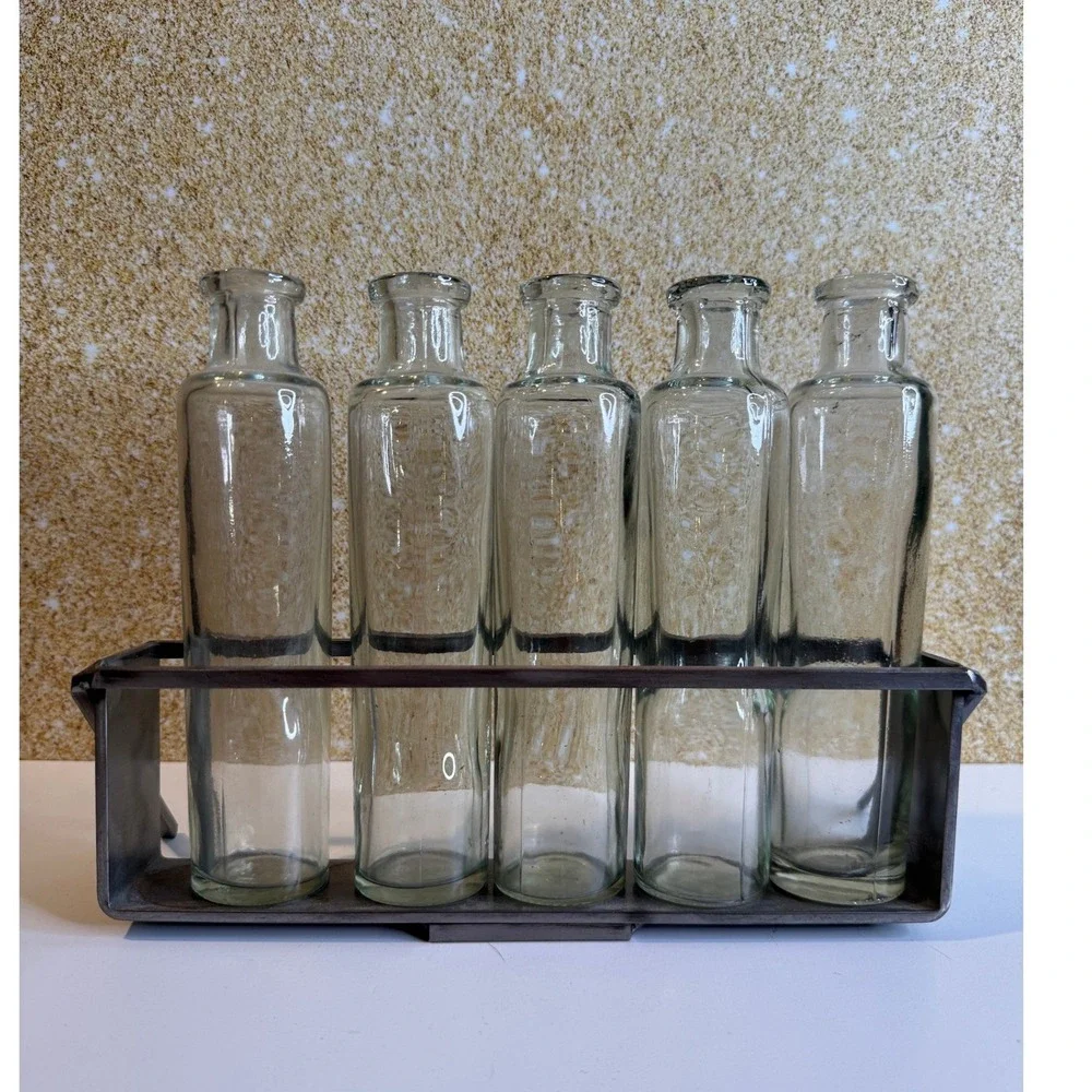 VTG Platemans House Hudson NY Glass Bottle Vase Set Metal‎ Carrier Florist Decor